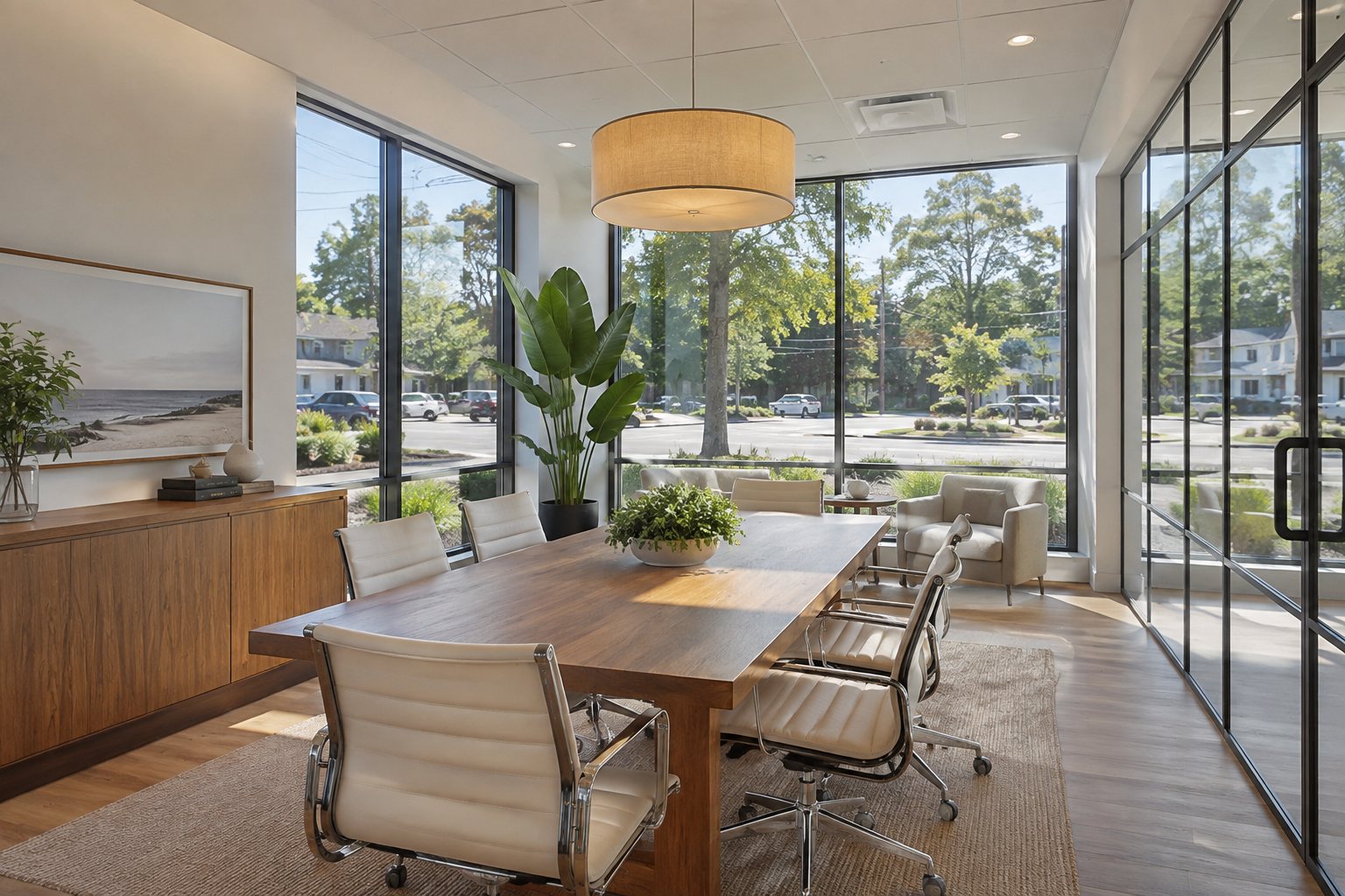 A bright brokerage office, illustrative