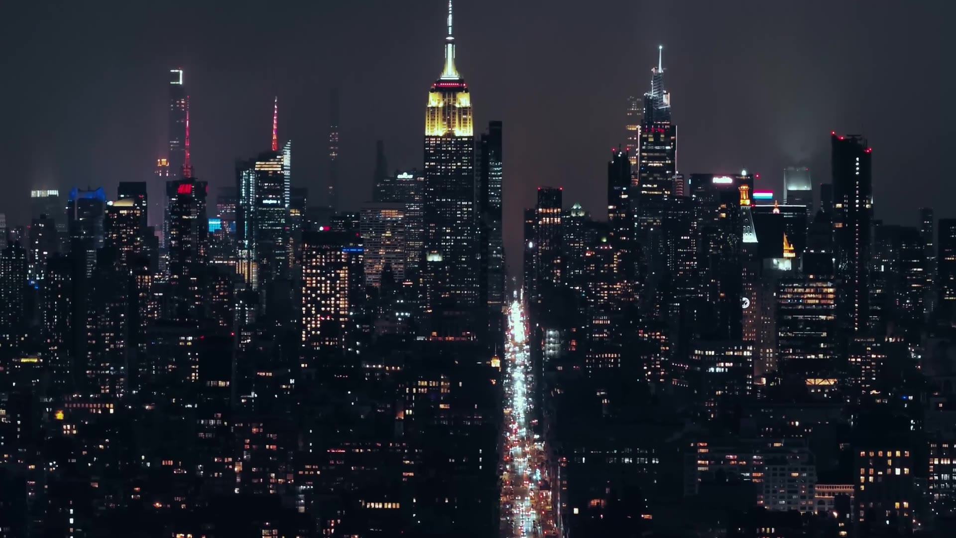 Aerial view of the New York City skyline at night