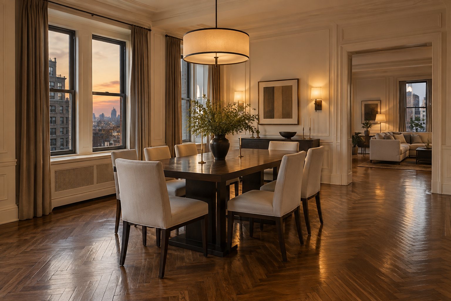 A warm New York prewar dining room, illustrative